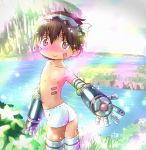  1boy blush brown_eyes brown_hair day hair_ornament highres little_sound made_in_abyss male_focus mechanical_arms nipples outdoors outstretched_hand regu_(made_in_abyss) robot smile solo standing twisted_torso water 
