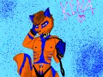  4:3 anthro bdsm bodily_fluids canid canine clothing collar cuffs_(clothing) cum cumshot digital_drawing_(artwork) digital_media_(artwork) ejaculation erection fox fur furry_fandom g-string genital_fluids glowing glowing_eyes hi_res katrinastar kena leash male male/male mammal nude pinup pose solo underwear 