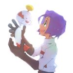  1boy :d artist_name black_gloves chimecho commentary_request gen_3_pokemon gloves green_eyes hands_up happy kojirou_(pokemon) looking_up open_mouth pokemon pokemon_(anime) pokemon_(creature) purple_hair smile team_rocket team_rocket_uniform tongue uroad7 white_background 