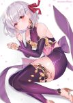  1girl armlet armor bangs bare_shoulders bikini_armor blush bracelet breasts collar detached_sleeves dress earrings fate/grand_order fate_(series) floral_print hair_ribbon jewelry kama_(fate/grand_order) legs looking_at_viewer lying metal_collar miniskirt on_side pelvic_curtain purple_dress purple_legwear purple_skirt purple_sleeves red_eyes ribbon ring sandals short_hair silver_hair simple_background skirt small_breasts solo suzuho_hotaru thighhighs thighlet white_background 
