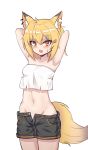  1girl :o absurdres animal_ear_fluff animal_ears arknights armpits arms_behind_head arms_up bangs bare_shoulders black_shorts blonde_hair blush breasts collarbone commentary_request cowboy_shot crop_top crop_top_overhang eyebrows_visible_through_hair fang fox_ears fox_tail gomrang groin hair_between_eyes hair_ornament hairclip highres korean_commentary looking_at_viewer midriff navel open_fly open_mouth short_hair shorts simple_background small_breasts solo standing stomach strapless tail tubetop vermeil_(arknights) white_background yellow_eyes 