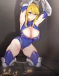  1girl ahoge armor armored_boots armpits artoria_pendragon_(all) artoria_pendragon_(lancer) bangs bdsm blonde_hair blue_gloves blue_legwear blue_leotard blush bondage boots bound bound_wrists braid breasts chain cleavage cleavage_cutout crown fate/grand_order fate_(series) french_braid gauntlets gloves green_eyes hair_between_eyes kimjunho large_breasts leotard parted_lips restrained sidelocks sitting thighs tile_floor tiles 
