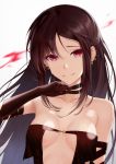  1girl absurdres bangs black_gloves breasts brown_hair choker cleavage closed_mouth collarbone consort_yu_(fate) earrings elbow_gloves eyebrows_visible_through_hair fate/grand_order fate_(series) gloves hair_between_eyes highres jewelry long_hair looking_at_viewer medium_breasts red_eyes revealing_clothes shiny shiny_hair smile solo strapless tears upper_body very_long_hair white_background z1npool 