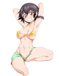  1girl armpits arms_behind_head arms_up bangs barefoot bikini bikini_bottom bikini_shorts bikini_top black_hair braid breasts brown_eyes eyebrows_visible_through_hair funnyari girls_und_panzer green_bikini grin groin looking_at_viewer md5_mismatch medium_breasts mismatched_bikini navel pepperoni_(girls_und_panzer) short_hair shorts side_braid signature sitting skinny smile solo spread_legs swimsuit white_background yellow_bikini 