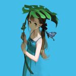  1girl bare_arms bare_shoulders black_ribbon blue_background blue_butterfly blue_dress bow braid brown_hair bug butterfly closed_mouth commentary dress english_commentary frog hair_bow holding holding_leaf insect leaf long_hair looking_at_viewer original ribbon simple_background smile solo sundress twintails vofan 