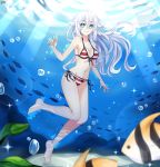  1girl absurdres air_bubble bikini black_heart blue_eyes bubble collarbone commentary_request eyebrows_visible_through_hair fish floating_hair hair_between_eyes hair_flaps highres lewdkuma light_beam long_hair looking_at_viewer navel neptune_(series) power_symbol signature smile solo striped striped_bikini submerged swimsuit symbol-shaped_pupils underwater white_hair 
