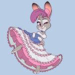  1:1 2020 anthro barefoot blue_background claws clothed clothing dipstick_ears disney dress feathers fully_clothed fur gloves grey_body grey_fur handwear judy_hopps lagomorph leporid mammal multicolored_ears nivarra one_eye_closed pink_nose purple_eyes rabbit showgirl simple_background smile solo toe_claws wink zootopia 