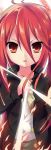  1girl alastor_(shakugan_no_shana) bangs black_coat coat hair_between_eyes highres holding jewelry long_hair long_sleeves looking_at_viewer necklace open_clothes open_coat open_mouth red_eyes red_hair shakugan_no_shana shana shiny shiny_hair shirt solo straight_hair th-asary800 upper_body very_long_hair white_shirt yellow_neckwear 
