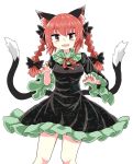  1girl animal_ears bangs black_bow black_dress bow braid cat_ears cat_tail chups dress extra_ears eyebrows_visible_through_hair fang frilled_dress frilled_sleeves frills green_frills highres kaenbyou_rin long_sleeves looking_at_viewer multiple_tails open_mouth red_eyes red_hair red_nails red_neckwear short_hair simple_background smile solo tail touhou twin_braids two_tails white_background 