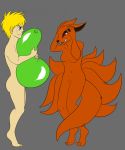  9_tails anthro asian_mythology balloon blonde_hair breasts canid canine duo east_asian_mythology fangs featureless_breasts female fox fox_spirit fur hair hi_res holding_object human kurama long_ears male male/female mammal multi_tail mythology naruto naruto_uzumaki orange_body orange_fur red_eyes side_view simple_background snout standing tailed_beast unknown_artist 