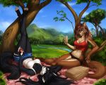  2020 anthro breasts canid canine canis clothed clothing day detailed_background digital_media_(artwork) duo elvofirida female lying mammal midriff navel on_back outside sitting sky tree wolf 