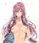  1girl akehata_hikari areolae armlet blush breasts character_name collarbone copyright_name crystal ear_piercing faris_scherwiz final_fantasy final_fantasy_v frown green_eyes headband jewelry long_hair medium_breasts navel necklace nipples partially_undressed piercing purple_hair simple_background solo twitter_username 