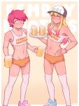  2boys alcohol artist_name bare_shoulders beer beer_mug blonde_hair blue_eyes bulge collarbone commentary crop_top cup dross english_commentary english_text eyebrows_visible_through_hair feet_out_of_frame femboy_hooters hair_between_eyes hand_on_hip hat heart highres jade_(dross) jamie_(dross) long_hair midriff mug multiple_boys navel original otoko_no_ko pink_eyes pink_hair shoes short_hair shorts sleeveless smile standing star_(symbol) stomach thighhighs tray uniform watermark 