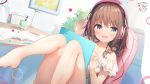  barefoot braids brown_hair drink headphones nijihashi_sora original paper 