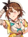  1girl :p atelier_(series) atelier_ryza atelier_ryza_2 blush breasts brown_eyes brown_hair eyebrows_visible_through_hair gloves highres jacket kamu_(kamuuei) key key_necklace large_breasts leather leather_gloves looking_at_viewer partly_fingerless_gloves red_shorts reisalin_stout shorts single_sidelock smile solo tongue tongue_out yellow_jacket 