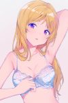  1girl adjusting_bra adjusting_clothes arm_behind_head arm_up armpits bangs bare_arms bare_shoulders blonde_hair bra breasts cleavage collarbone commentary_request eyebrows_visible_through_hair floral_print hand_up head_tilt highres hiroki_(yyqw7151) idolmaster idolmaster_million_live! long_hair looking_at_viewer medium_breasts momose_rio parted_bangs parted_lips pink_background print_bra purple_eyes shiny shiny_hair sidelocks simple_background solo underwear underwear_only upper_body white_bra 