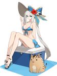  1girl akai2930 animal bikini blue_bikini blue_eyes boar bow box commentary_request eyebrows_visible_through_hair fate/grand_order fate_(series) flower hat hat_bow hat_flower highres index_finger_raised long_hair looking_at_viewer marie_antoinette_(fate/grand_order) marie_antoinette_(swimsuit_caster)_(fate) nail_polish red_nails sandals sitting smile solo sun_hat swimsuit toenail_polish twintails very_long_hair white_background white_hair 