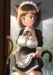  1girl animal_ears apron breasts cat_ears cat_tail cleavage cuffs doorknob doorway fake_animal_ears fake_tail frills highres idolmaster idolmaster_cinderella_girls idolmaster_cinderella_girls_starlight_stage large_breasts maekawa_miku maid maid_apron maid_dress maid_headdress rain skirt skirt_lift swepot tail wet wet_clothes 