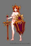  armor barefoot breasts english_text grey_background holding holding_shield holding_sword holding_weapon league_of_legends leona_(league_of_legends) navel nipples orange_eyes orange_hair outline pixel_art pussy ruina11011 shield simple_background standing sword weapon white_outline 