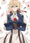  1girl akusema blonde_hair blue_eyes blue_jacket breasts brooch brown_gloves dress envelope flying_paper gloves hair_intakes highres jacket jewelry large_breasts letter long_hair long_sleeves paper red_ribbon ribbon solo violet_(flower) violet_evergarden violet_evergarden_(character) wax_seal white_neckwear 