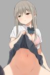  1girl blush bottomless bra breasts brown_eyes cleavage commentary_request eyebrows_visible_through_hair grey_background highres lifted_by_self light_brown_hair light_smile long_hair medium_breasts navel nora_higuma open_clothes open_shirt original parted_lips pink_bra school_uniform sidelocks simple_background skirt skirt_lift solo_focus sweat underwear 