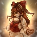  1:1 2020 alternate_species blush breasts brown_hair canid canine canis chest_tuft clothing domestic_dog female hair hawthorn hi_res mammal navel one_eye_closed open_mouth pawpads reimu_hakurei ribbons shirt simple_background solo tank_top topwear touhou transformation tuft video_games 