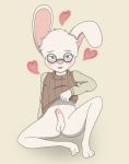  anthro blush clothing clothing_lift embarrassed eyewear fur genitals girly glasses hi_res humanoid_genitalia humanoid_penis lagomorph leporid long_ears male mammal nude parsnip_(game) parsnip_bunner penis presenting presenting_penis rabbit simple_background simple_coloring simple_shading solo sweater sweater_lift tongue tongue_out topwear white_body white_fur 
