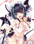  1girl absurdres alternate_costume animal_band_legwear animal_ears aqua_eyes aqua_hair azur_lane bell bell_choker black_hair blush bra breasts cat_band_legwear cat_cutout cat_ear_panties cat_ears cat_girl cat_lingerie cat_tail cheshire_(azur_lane) choker cleavage cleavage_cutout covered_nipples eyebrows_visible_through_hair fang frilled_hairband frilled_headband frills gradient gradient_background hairband highres huge_filesize jingle_bell large_breasts looking_at_viewer maid_headdress meme_attire multicolored_hair navel nekodama2000 open_mouth panties paw_pose ribbon side-tie_panties skin_fang smile solo streaked_hair tail thighhighs underwear white_legwear 