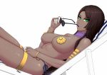  1girl armlet beach_chair bikini bracelet breast_curtains breasts brown_hair choker covered_nipples dark_skin eyebrows eyebrows_visible_through_hair fate/grand_order fate_(series) finger_gloves green_eyes jewelry large_breasts lips long_hair looking_at_viewer looking_to_the_side navel neckwear on_chair parted_lips purple_choker purple_neckwear ryu_seung scheherazade_(fate/grand_order) sidelocks sitting smile sunglasses swimsuit thighlet topless underboob 