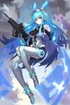  1girl alternate_eye_color armored_leotard assault_rifle blue_eyes blue_hair breasts bullpup clip_(weapon) closed_mouth cloud commentary_request floating girls_frontline gloves gun headgear highres holding holding_weapon imi_tavor_tar-21 leotard light_blue_hair long_hair mecha_musume multicolored_hair neon_trim outdoors reloading rifle robot_ears scope sight sky solo tar-21_(girls_frontline) two-tone_hair weapon white_footwear wjn-rance 