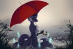  2020 3:2 anthro breasts canid canine canis digital_drawing_(artwork) digital_media_(artwork) female fire fog fur glowing hi_res looking_at_viewer mammal mirramortas multi_tail nude solo spots tasteful_nudity umbrella wanderertamplior wolf 