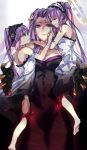  3girls bare_shoulders barefoot claws closed_eyes closed_mouth commentary_request crying crying_with_eyes_open dress euryale fate/grand_order fate/hollow_ataraxia fate_(series) frilled_hairband frills hairband headdress highres holding_another holding_another&#039;s_head lolita_hairband long_hair looking_at_another multiple_girls pink_lips purple_eyes purple_hair ribbon-trimmed_hairband rider siblings sisters stheno strapless strapless_dress tears twins twintails white_dress zeromomo 