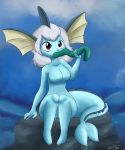  2020 anthro bite blue_body blue_skin breasts digital_media_(artwork) eating eel eeveelution fangs female fin fish hair head_fin hi_res marine nintendo notootsu nottootsuite pok&eacute;mon pok&eacute;mon_(species) purple_eyes rock sitting solo vaporeon video_games white_hair 