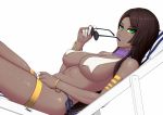  1girl armlet beach_chair bikini bracelet breast_curtains breasts brown_hair choker dark_skin eyebrows eyebrows_visible_through_hair fate/grand_order fate_(series) finger_gloves green_eyes jewelry large_breasts lips long_hair looking_at_viewer looking_to_the_side navel neckwear on_chair parted_lips purple_choker purple_neckwear ryu_seung scheherazade_(fate/grand_order) sidelocks sitting smile sunglasses swimsuit thighlet underboob 