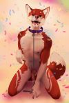  2020 2:3 5_fingers anthro balls blurred_background bodily_fluids canid canine collar confetti cum cum_on_face cum_on_tongue edesk fingers fox fur genital_fluids genitals hi_res kneeling knot leash looking_at_viewer male mammal multicolored_body multicolored_fur nipples open_mouth orange_body orange_fur penis pink_nose precum purple_collar red_eyes simple_background solo submissive submissive_male teeth tongue two_tone_body two_tone_fur white_body white_fur 