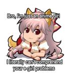  1girl animal_ears chibi commentary dog_ears dog_tail doge eyebrows_visible_through_hair fujiwara_no_mokou long_hair meme red_eyes shangguan_feiying simple_background solo tail touhou white_background 