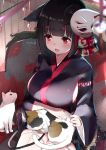  1girl absurdres animal_ears azur_lane bangs black_hair black_kimono blush breasts cat cat_ears commentary_request cotton_kanzaki eyebrows_visible_through_hair floral_print highres indoors japanese_clothes kimono large_breasts long_sleeves mask mask_on_head open_mouth red_eyes short_hair sideboob sitting smile solo thighhighs white_legwear wide_sleeves yamashiro_(azur_lane) 