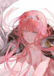  1girl :d bangs blue_eyes breasts cleavage collarbone darling_in_the_franxx eyebrows_visible_through_hair floating_hair hair_between_eyes hair_over_breasts hairband hatutaro horns long_hair medium_breasts open_mouth pink_hair shiny shiny_hair smile solo upper_body very_long_hair white_hairband zero_two_(darling_in_the_franxx) 