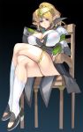  1girl blue_eyes breasts chair circlet cleavage crossed_legs gradient gradient_background highres large_breasts looking_at_viewer masao nipples original pointy_ears ponytail see-through short_hair sitting smile solo thigh_strap 