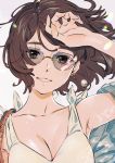  1girl bag brown_hair earrings glasses handbag highres jewelry light_particles looking_at_viewer open_clothes open_shirt original short_hair simple_background smile solo tank_top umishima_senbon 