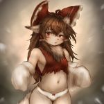  1:1 2020 alternate_species anthro breasts brown_eyes brown_hair canid chest_tuft clothed clothing female furrification hair hawthorn hi_res kemono looking_at_viewer looking_down mammal navel open_mouth reimu_hakurei ribbons simple_background solo standing torn_clothing touhou transformation tuft underwear video_games 