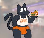  anthro birdvian blurred_background bottomwear bulge burger cat_(birdvian) clothing crop_top domestic_cat felid feline felis femboy_hooters food fries hi_res hotpants male mammal shirt shorts solo standing topwear 