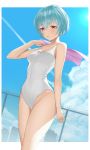  1girl ayanami_rei blue_hair blue_sky breasts building casual_one-piece_swimsuit chain-link_fence cloud condensation_trail covered_navel cowboy_shot day dutch_angle fence highres looking_at_viewer neon_genesis_evangelion one-piece_swimsuit outdoors pink_towel red_eyes short_hair sky small_breasts solo swimsuit takumi11 towel 