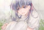  1girl :d bangs blue_hair dress fate/stay_night fate_(series) floating_hair hair_between_eyes hair_ribbon hatutaro long_dress long_hair matou_sakura open_mouth purple_eyes red_ribbon ribbon shiny shiny_hair short_sleeves sitting sketch smile solo sundress white_dress 