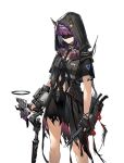 1girl alternate_costume alternate_hairstyle arknights chain_necklace combat_knife demon_horns disguise fingerless_gloves gloves hairlocs hood horns knife lava_(arknights) mask miniskirt necktie official_art ore_lesion_(arknights) purple_hair short_hair skirt solo spoilers staff torn_clothes torn_skirt weapon 