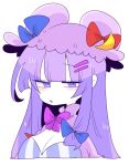  1girl bangs blue_bow blunt_bangs blush_stickers bow bowtie breasts cleavage commentary_request crescent crescent_moon_pin cropped_torso eyebrows_visible_through_hair hair_bow hat hat_bow large_breasts long_hair looking_at_viewer op_na_yarou partially_colored patchouli_knowledge purple_bow purple_eyes purple_hair purple_neckwear raised_eyebrow red_bow simple_background solo touhou upper_body white_background 
