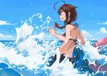  1girl ahoge bikini black_bikini black_sarong blue_eyes blush braid brown_hair cloud day hair_between_eyes hair_flaps innertube kantai_collection long_hair ocean open_mouth remodel_(kantai_collection) sarong shigure_(kantai_collection) single_braid solo sugue_tettou swimsuit twitter_username water waves 