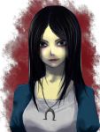  1girl alice:_madness_returns alice_(wonderland) alice_in_wonderland american_mcgee&#039;s_alice black_hair closed_mouth dress green_eyes jewelry lipstick long_hair looking_at_viewer makeup necklace smile solo 