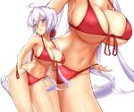  1girl ahoge bikini breasts commentary_request covered_nipples cowboy_shot front-tie_top highres large_breasts long_hair looking_to_the_side multiple_views purple_eyes purple_hair red_bikini senki_zesshou_symphogear side-tie_bikini simple_background swimsuit tessa_1178 twintails white_background yukine_chris zoom_layer 