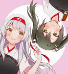  2girls anbutter_siruko bangs blush green_eyes green_hair hair_ribbon headband japanese_clothes kantai_collection long_hair multiple_girls muneate ribbon shoukaku_(kantai_collection) sidelocks simple_background smile twintails two-tone_background upper_body white_hair yellow_eyes zuikaku_(kantai_collection) 